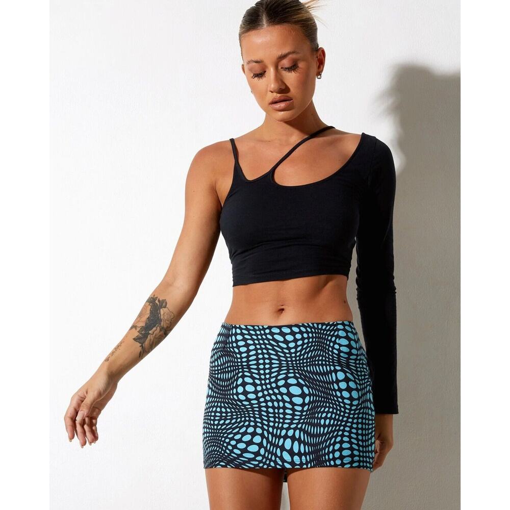 NWT Motel Ina Bodycon Mini Fitted Skirt Optic Polka Blue & Black Zip Back Small